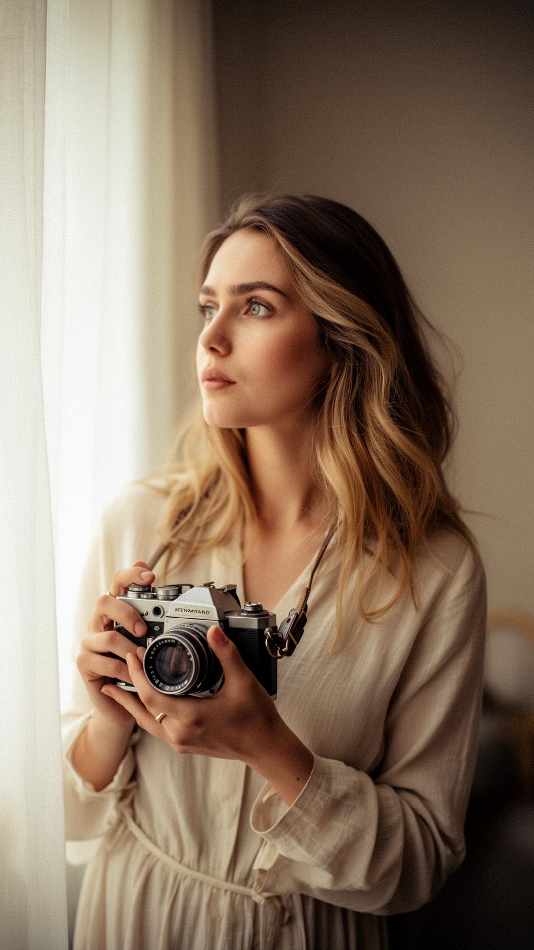 Portrait of Satyn holding a vintage camera in soft window light